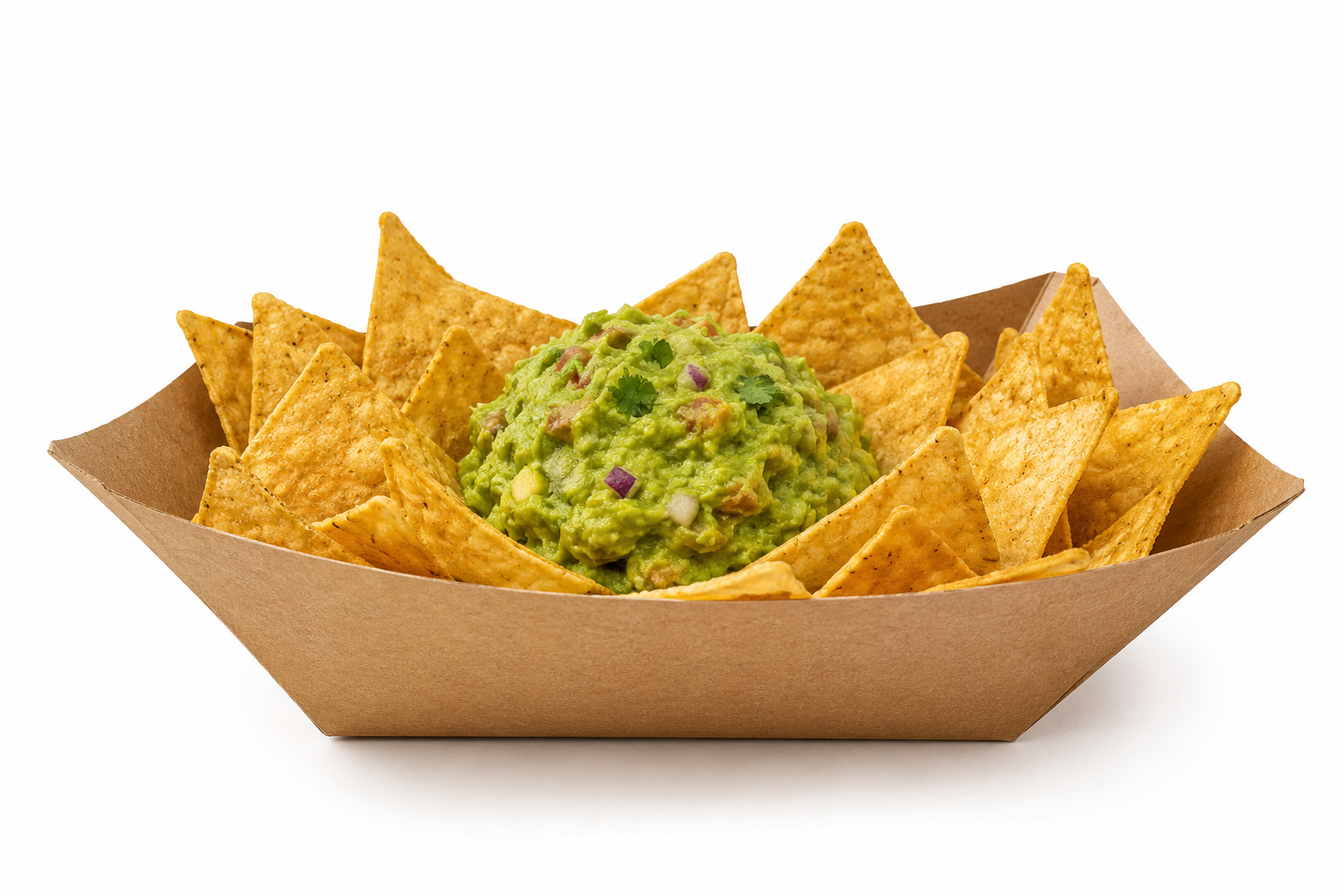 Freshly toasted tortilla chips with handmade guacamole