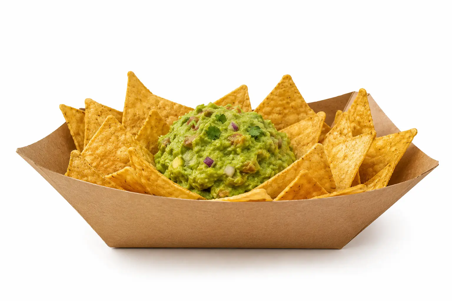 Freshly toasted tortilla chips with handmade guacamole